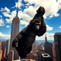 A giant gorilla holding the top of a skyscraper in New York City, depicted from a distance