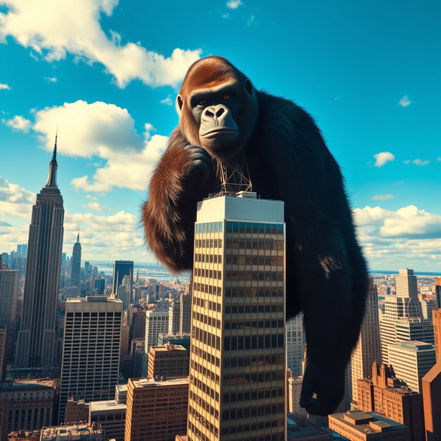 A giant gorilla holding the top of a skyscraper in New York City, depicted from a distance