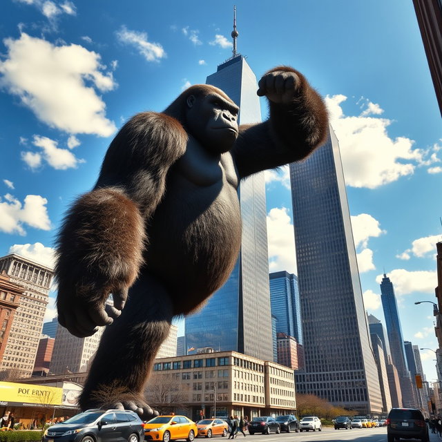 A giant gorilla holding the top of a skyscraper in New York City, seen from a distance