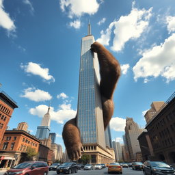 A giant gorilla holding the top of a skyscraper in New York City, seen from a distance