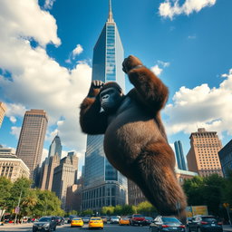 A giant gorilla holding the top of a skyscraper in New York City, seen from a distance