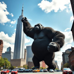 A giant gorilla holding the top of a skyscraper in New York City, seen from a distance