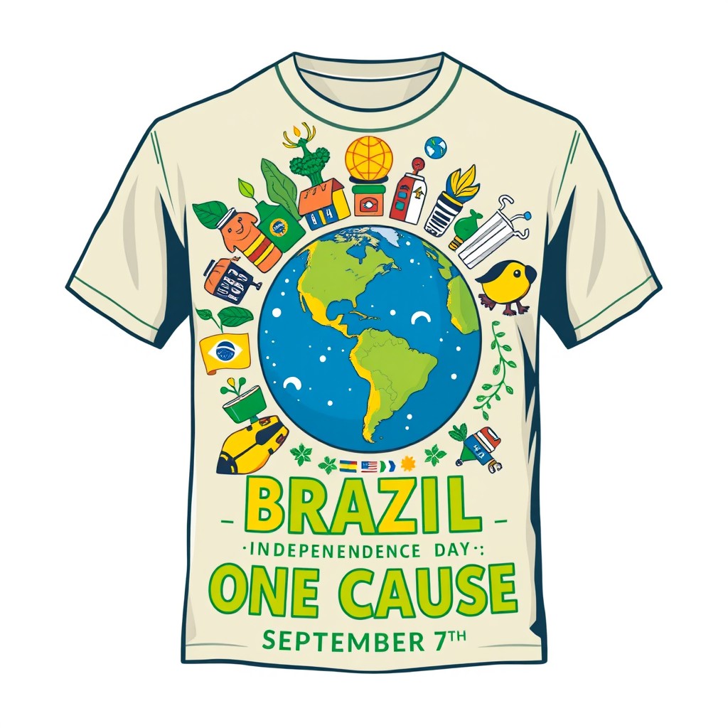A stylish t-shirt design celebrating Brazil's Independence Day on September 7th, featuring the theme "One Planet: One Cause"