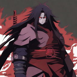 A stern, formidable anime character known as Madara Uchiha from the anime series Naruto. Wearing traditional samurai armor, his Sharingan eyes are powerful and glowing, his hair long and unkempt.