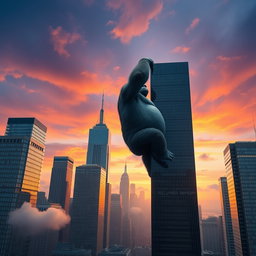 A giant gorilla holding the top of a skyscraper as it climbs in New York City, viewed from a distance