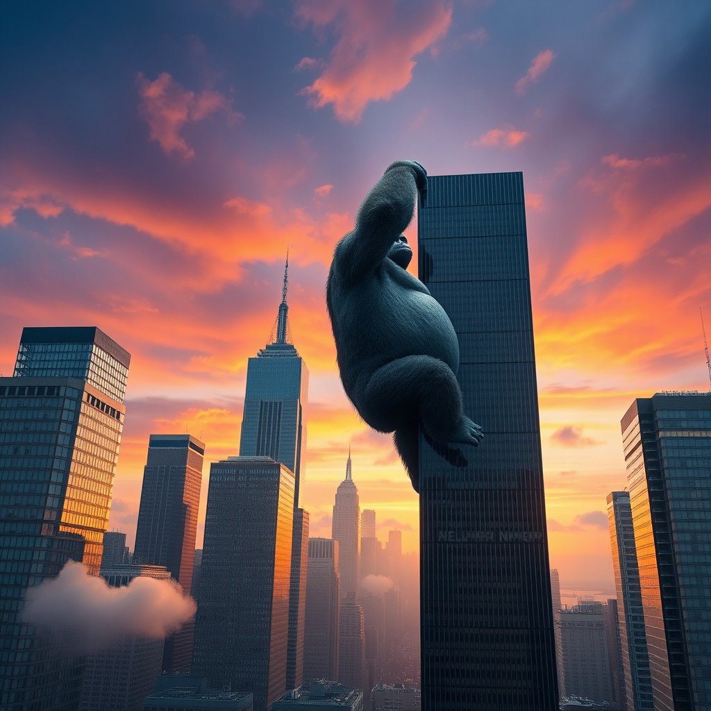A giant gorilla holding the top of a skyscraper as it climbs in New York City, viewed from a distance