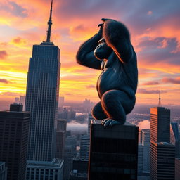 A giant gorilla holding the top of a skyscraper as it climbs in New York City, viewed from a distance