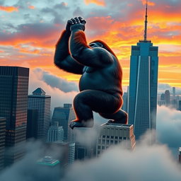 A giant gorilla holding the top of a skyscraper as it climbs in New York City, viewed from a distance