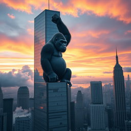 A giant gorilla holding the top of a skyscraper as it climbs in New York City, viewed from a distance
