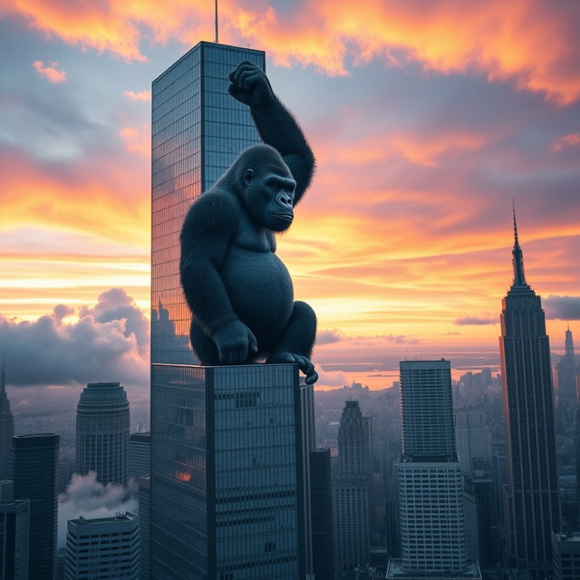 A giant gorilla holding the top of a skyscraper as it climbs in New York City, viewed from a distance