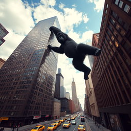 A giant gorilla gripping the top of a skyscraper as it climbs in New York City, viewed from a distance