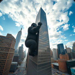 A giant gorilla gripping the top of a skyscraper as it climbs in New York City, viewed from a distance