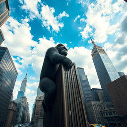 A giant gorilla gripping the top of a skyscraper as it climbs in New York City, viewed from a distance