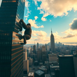 A giant gorilla gripping the top of a skyscraper as it climbs in New York City, viewed from a distance