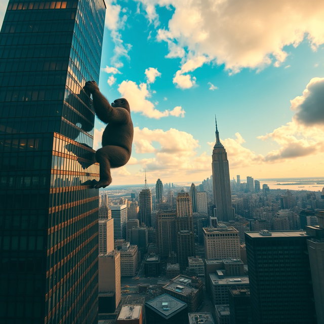 A giant gorilla gripping the top of a skyscraper as it climbs in New York City, viewed from a distance