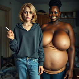 In a poor room setting, a captivating scene showcases a 24-year-old malnourished woman with medium-length blonde hair and blue eyes, holding a cigarette in her hand