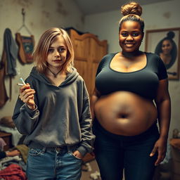 In a poor room setting, a captivating scene showcases a 24-year-old malnourished woman with medium-length blonde hair and blue eyes, holding a cigarette in her hand