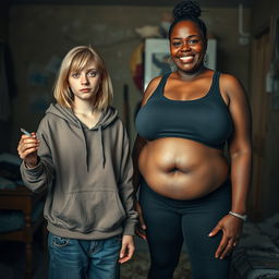 In a poor room setting, a captivating scene showcases a 24-year-old malnourished woman with medium-length blonde hair and blue eyes, holding a cigarette in her hand