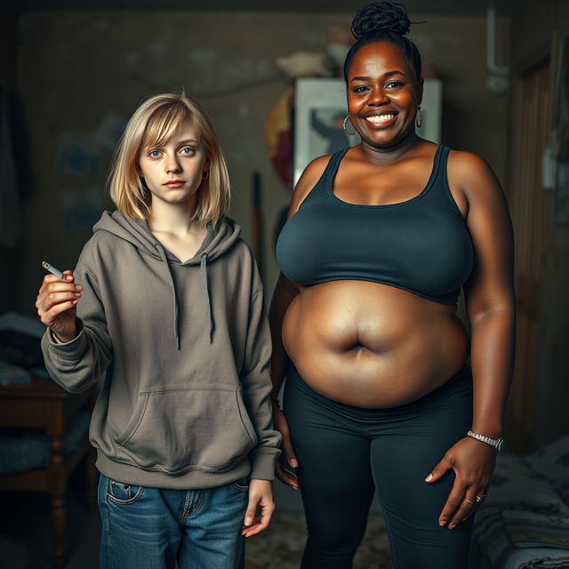 In a poor room setting, a captivating scene showcases a 24-year-old malnourished woman with medium-length blonde hair and blue eyes, holding a cigarette in her hand