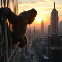 A giant gorilla gripping the top of a skyscraper in New York City as it climbs, viewed from a distance
