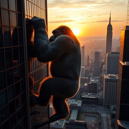 A giant gorilla gripping the top of a skyscraper in New York City as it climbs, viewed from a distance