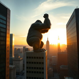 A giant gorilla gripping the top of a skyscraper in New York City as it climbs, viewed from a distance