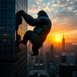 A giant gorilla gripping the top of a skyscraper in New York City as it climbs, viewed from a distance