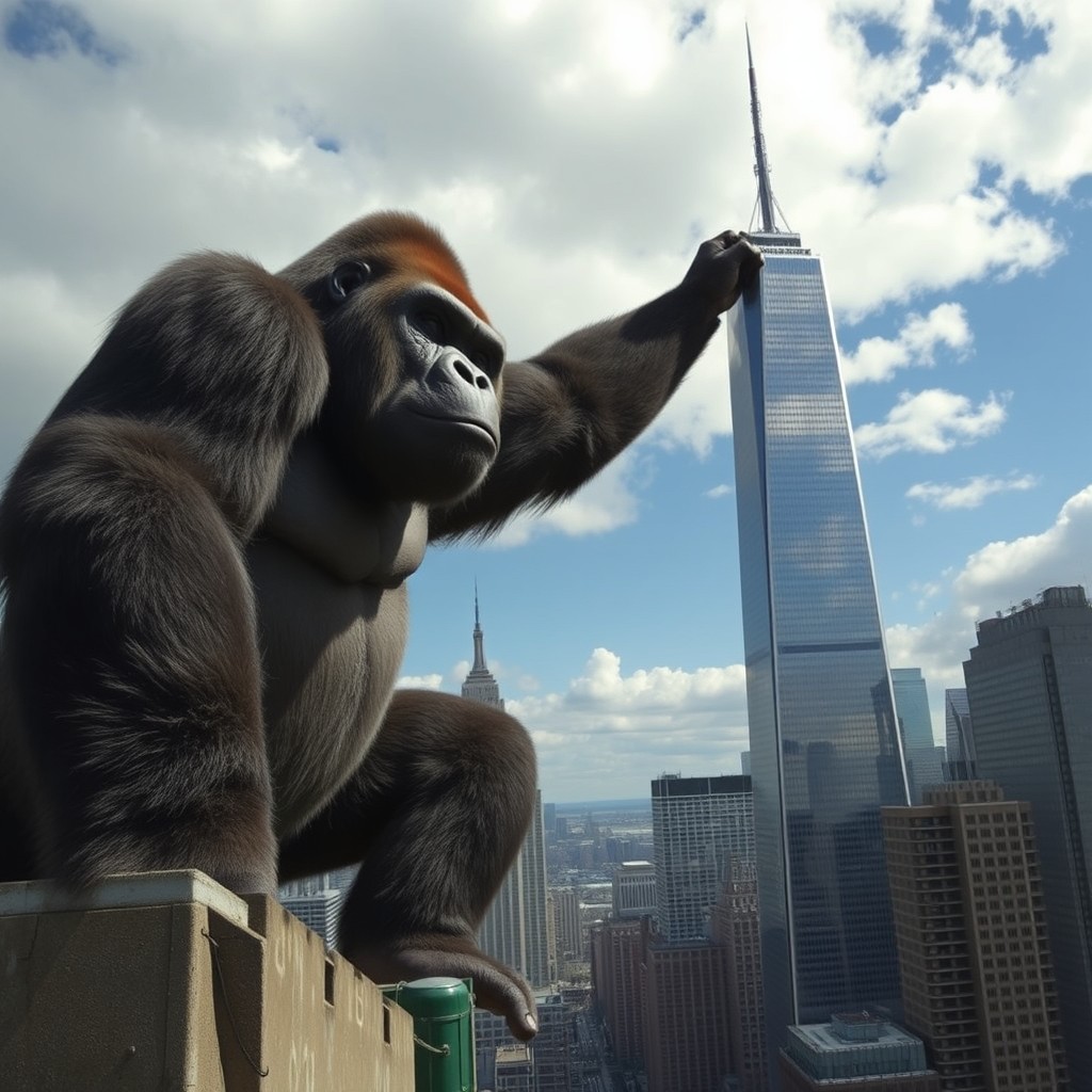 A giant gorilla holding the top of the tallest skyscraper in New York City as it climbs, viewed from a distance