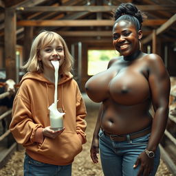 Set in a barn, the scene features a joyful 24-year-old malnourished woman with medium-length blonde hair and blue eyes, smiling brightly as she playfully spills milk from her mouth