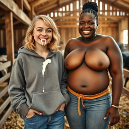 Set in a barn, the scene features a joyful 24-year-old malnourished woman with medium-length blonde hair and blue eyes, smiling brightly as she playfully spills milk from her mouth