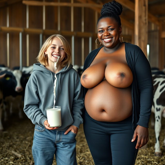 Set in a barn, the scene features a joyful 24-year-old malnourished woman with medium-length blonde hair and blue eyes, smiling brightly as she playfully spills milk from her mouth
