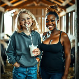 Inside a rustic barn, a whimsical scene unfolds featuring a joyous 24-year-old malnourished woman with medium-length blonde hair and bright blue eyes