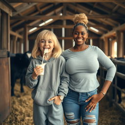 Inside a rustic barn, a whimsical scene unfolds featuring a joyous 24-year-old malnourished woman with medium-length blonde hair and bright blue eyes