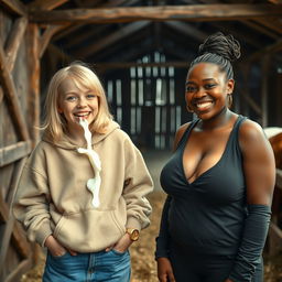 Inside a rustic barn, a whimsical scene unfolds featuring a joyous 24-year-old malnourished woman with medium-length blonde hair and bright blue eyes