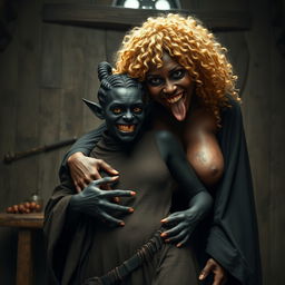 In a medieval room, there is an evil, malnourished woman of 30 years old with completely black skin, very short stature, and braided updo hair