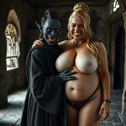 In a medieval room, a malevolent, malnourished woman of 30 years with completely black skin, very short stature, and braided updo hair