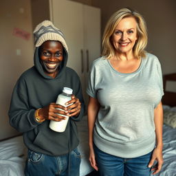 In a poor bedroom, a malevolent, malnourished 19-year-old African woman with very dark skin stands holding a milk bottle