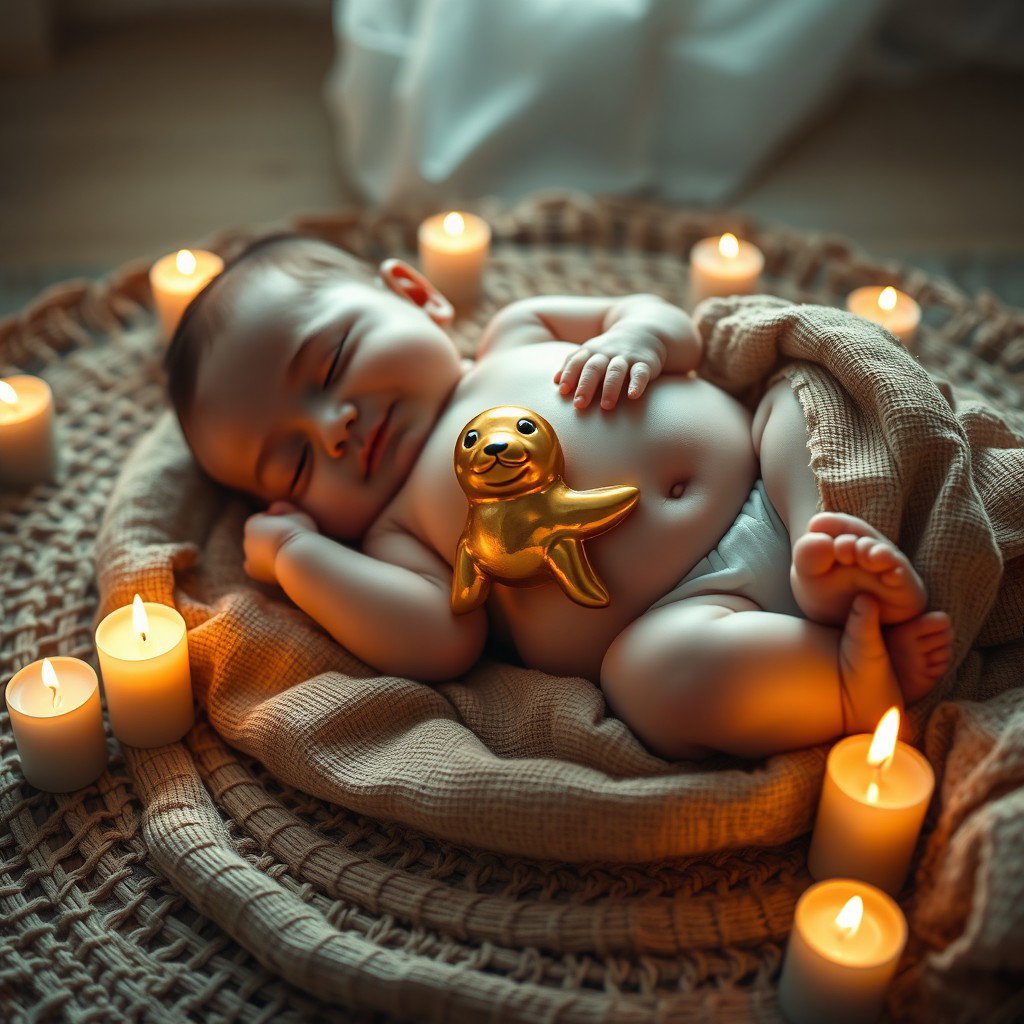 A serene scene featuring a golden seal placed gently on the belly of an adorable baby, who is peacefully lying on a woven fabric