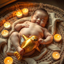 A serene scene featuring a golden seal placed gently on the belly of an adorable baby, who is peacefully lying on a woven fabric