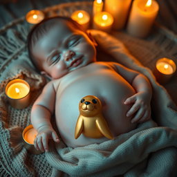 A serene scene featuring a golden seal placed gently on the belly of an adorable baby, who is peacefully lying on a woven fabric