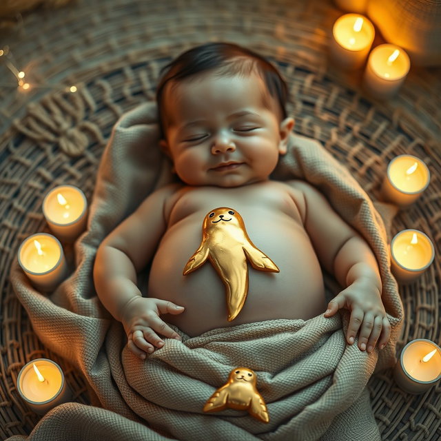 A serene scene featuring a golden seal placed gently on the belly of an adorable baby, who is peacefully lying on a woven fabric