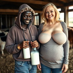 In a barn setting, a malevolent and malnourished 19-year-old African woman with very dark skin holds a milk bottle