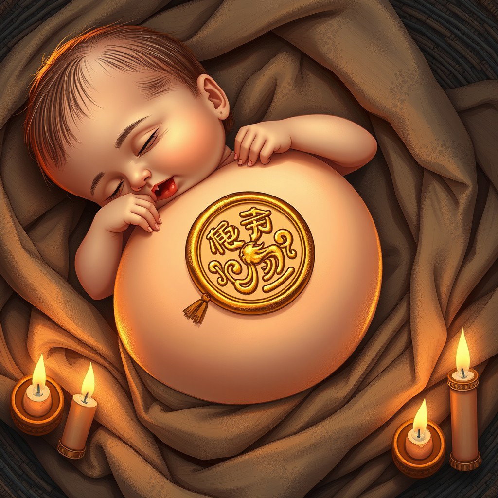 A beautifully detailed illustration of a golden seal engraved on the belly of a baby, who is lying on a woven piece of fabric