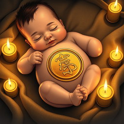 A beautifully detailed illustration of a golden seal engraved on the belly of a baby, who is lying on a woven piece of fabric