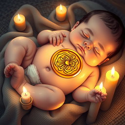 A beautifully detailed illustration of a golden seal engraved on the belly of a baby, who is lying on a woven piece of fabric