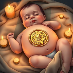 A beautifully detailed illustration of a golden seal engraved on the belly of a baby, who is lying on a woven piece of fabric