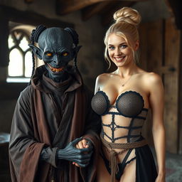 In a medieval room, featuring a malevolent and emaciated black woman, around 30 years old, with completely black skin