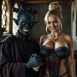 In a medieval room, featuring a malevolent and emaciated black woman, around 30 years old, with completely black skin