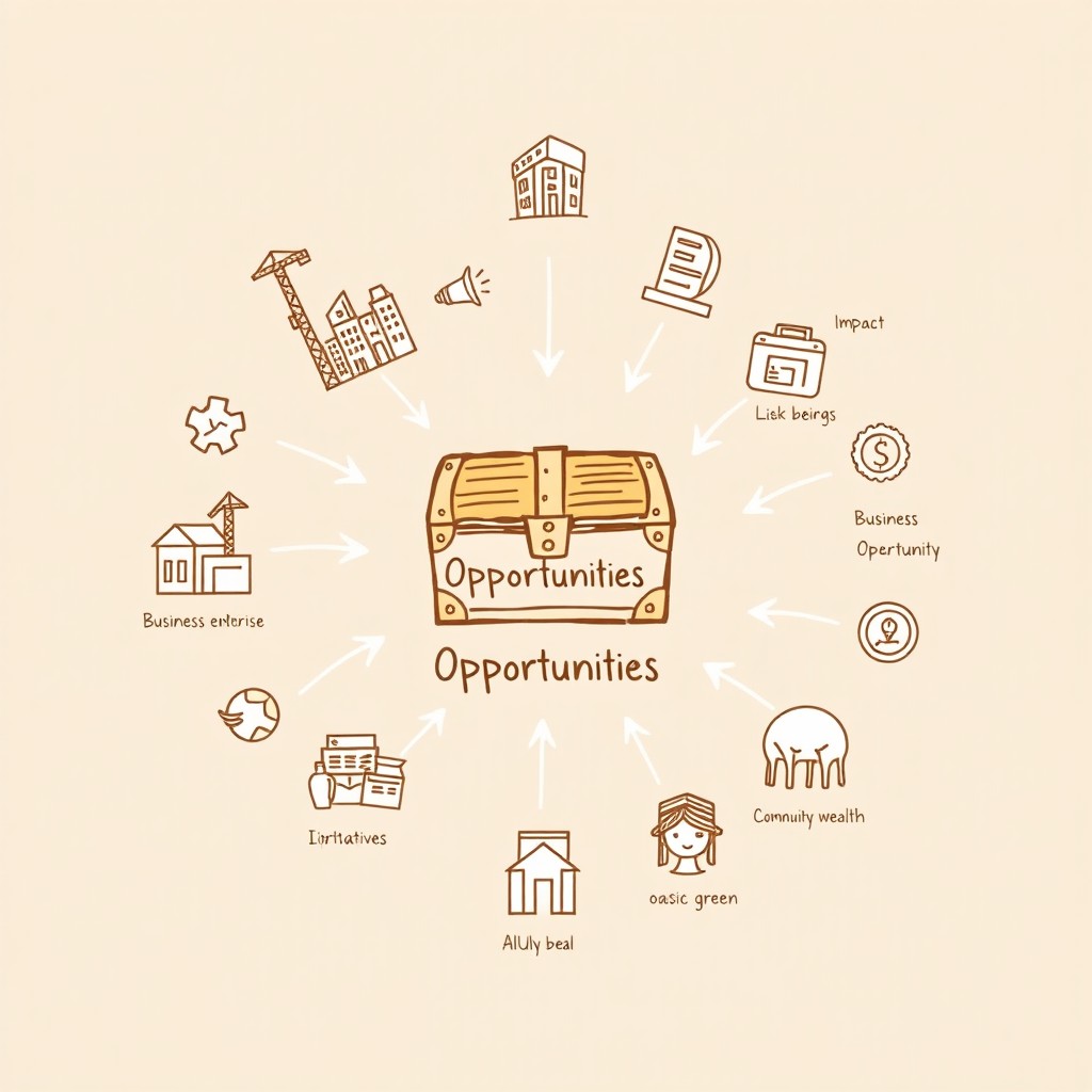 Create a professional doodle-style illustration for a corporate presentation featuring a treasure chest or goldmine icon prominently placed at the center, labeled as 'Opportunities