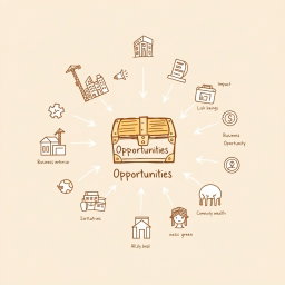 Create a professional doodle-style illustration for a corporate presentation featuring a treasure chest or goldmine icon prominently placed at the center, labeled as 'Opportunities